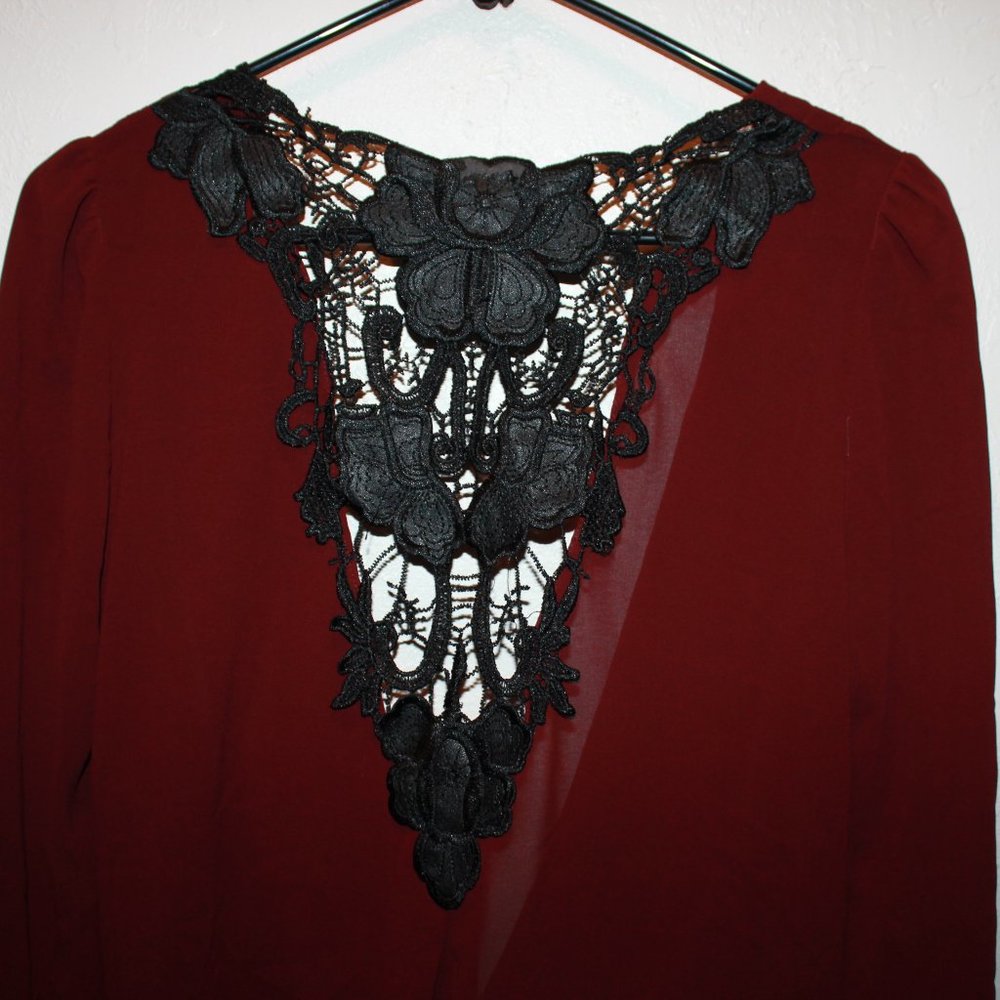 Maroon Deep Plunge Blouse With Black Lace Detail